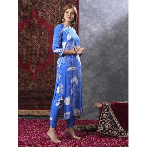 ANNI DESIGNER Women's Rayon Blend Straight Printed Kurta with Pant (ANAAR-BLUE-VKS03_S_Blue_Small)