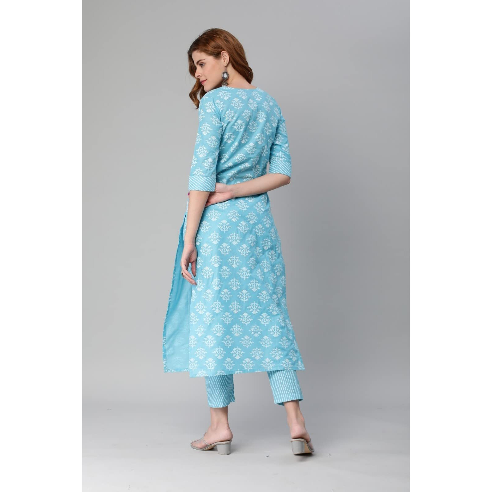 ANNI DESIGNER Women's Cotton Blend Printed Straight Kurta with Pant (Sarva-Stone Blue_L_Dark Blue_Large)