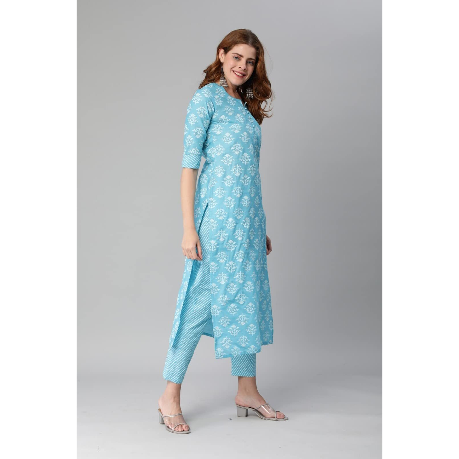 ANNI DESIGNER Women's Cotton Blend Printed Straight Kurta with Pant (Sarva-Stone Blue_L_Dark Blue_Large)