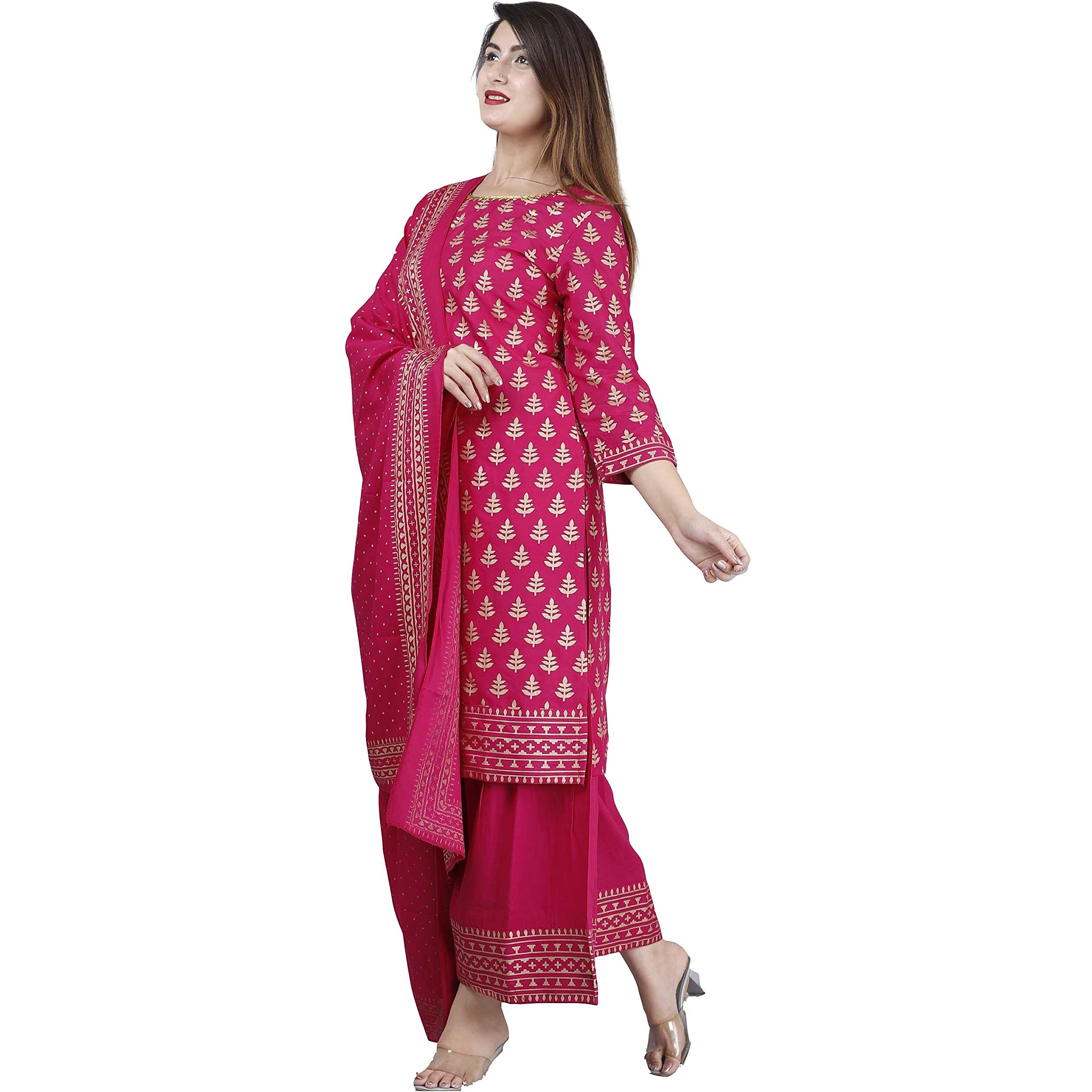 ANNI DESIGNER Women's Rayon Foil Printed Straight Kurta with Palazzos & Dupatta (AMISHA RED_L_Pink_Large)
