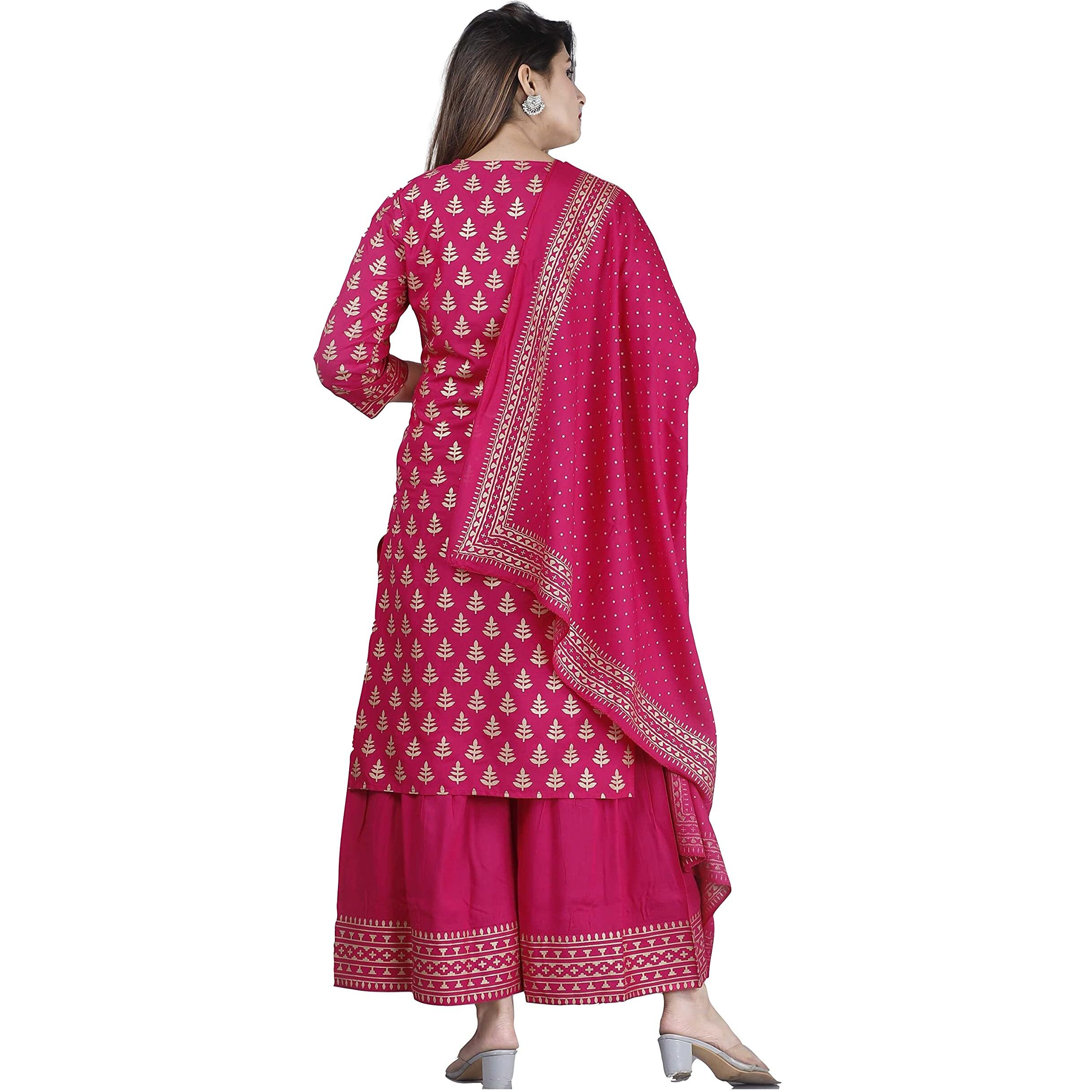 ANNI DESIGNER Women's Rayon Foil Printed Straight Kurta with Palazzos & Dupatta (AMISHA RED_L_Pink_Large)