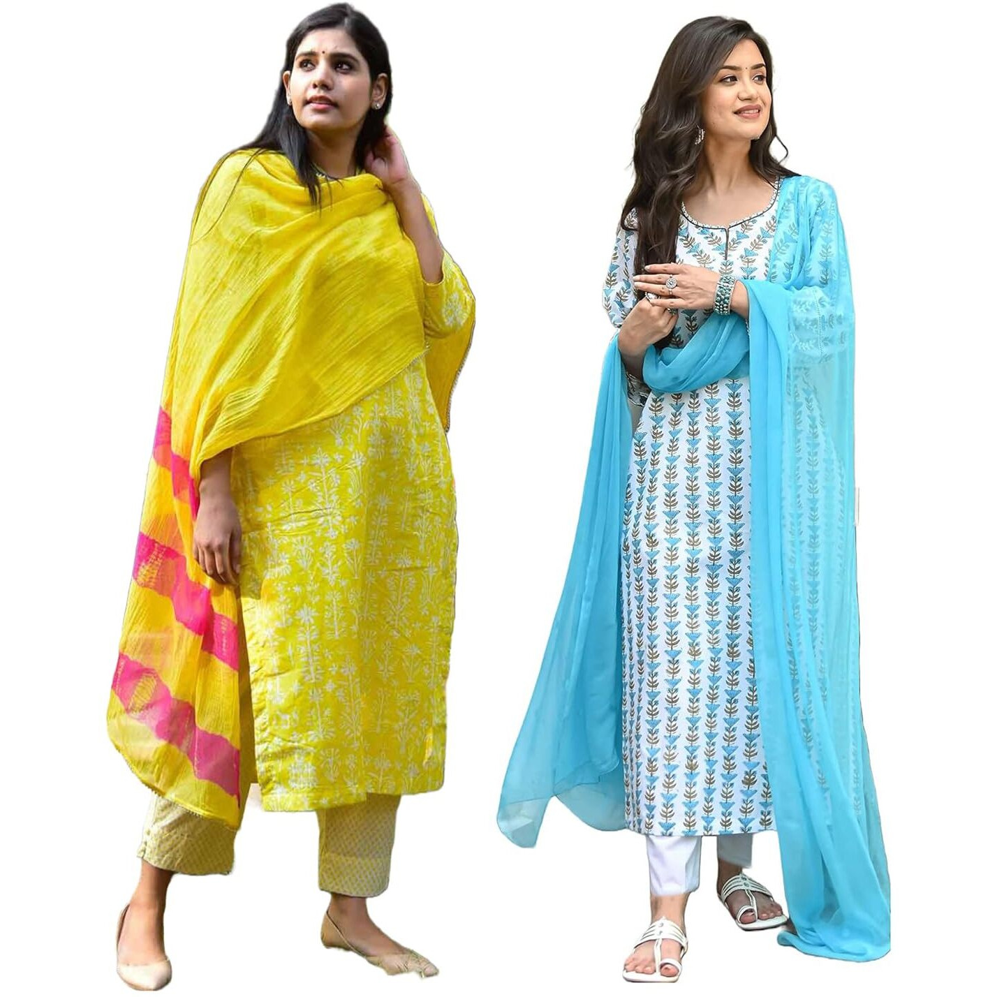 ANNI DESIGNER Women's Cotton Blend Printed Straight Kurta with Pant & Dupatta Pack of 2 (Combo-BAGRU-Yellow-April-Sky Blue_S_Multi_Small)