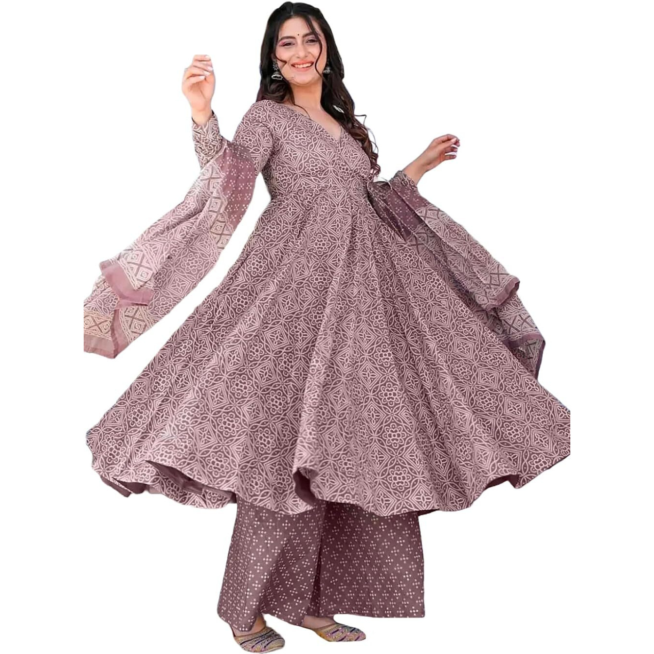 ANNI DESIGNER Women's Rayon Viscose Anarkali Printed Kurta with Palazzo & Dupatta (Sinners Purple_XXL_Purple_XX-Large)