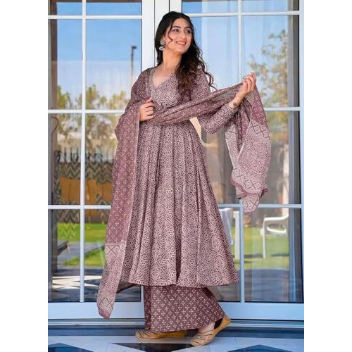 ANNI DESIGNER Women's Rayon Viscose Anarkali Printed Kurta with Palazzo & Dupatta (Sinners Purple_XXL_Purple_XX-Large)