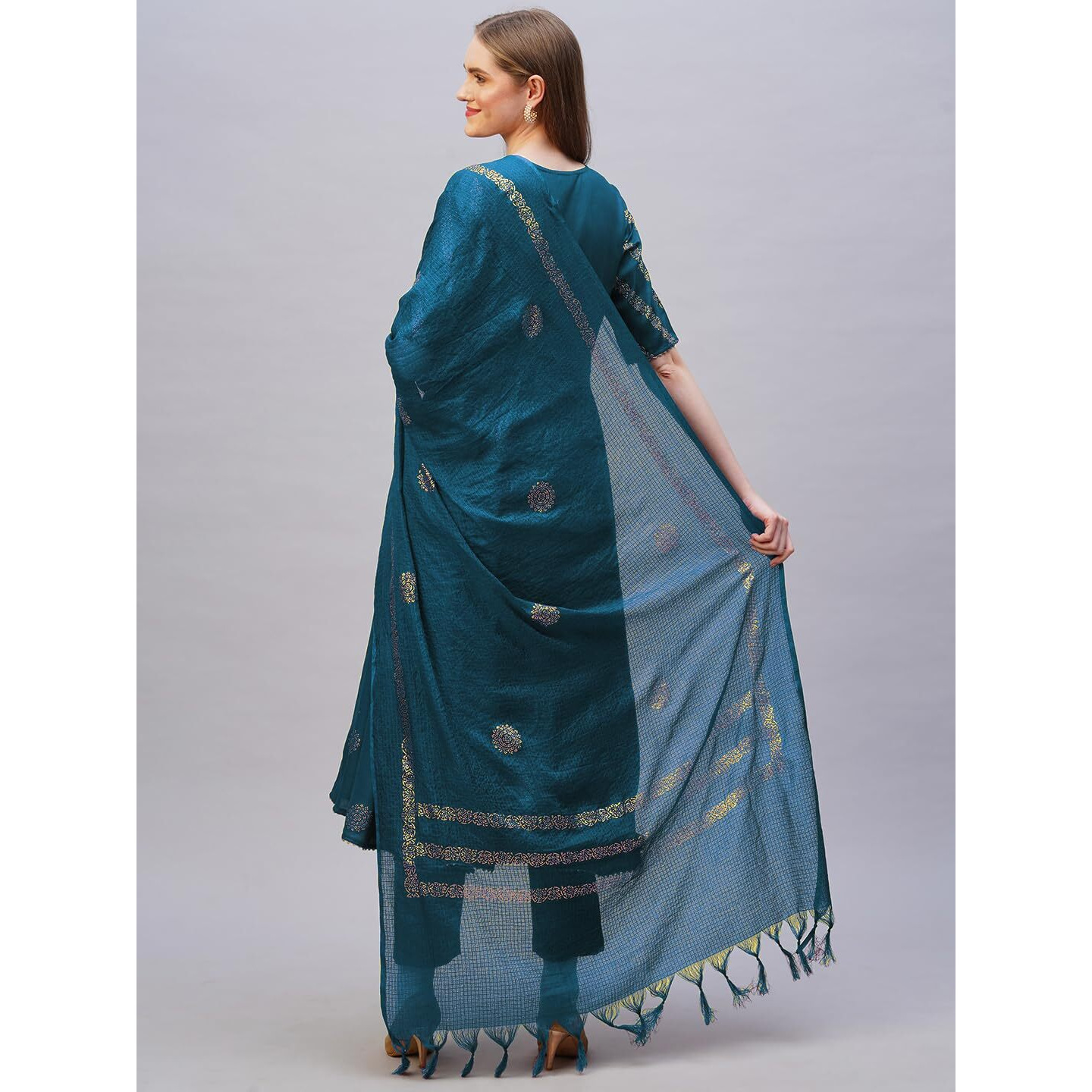 ANNI DESIGNER Women's Rayon Blend Anarkali Printed Kurta with Pant & Dupatta (Berlin KEROSIN-VKS02_M_Dark Blue_Medium)