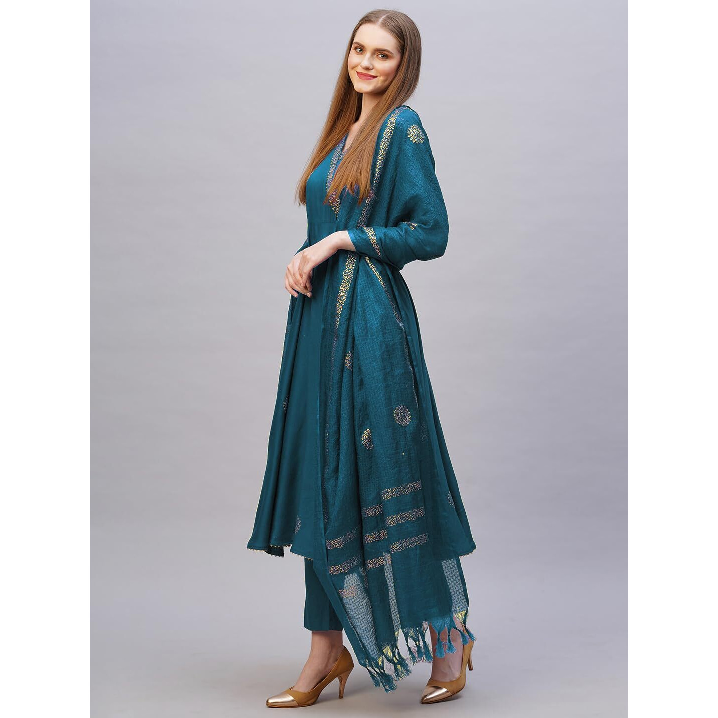 ANNI DESIGNER Women's Rayon Blend Anarkali Printed Kurta with Pant & Dupatta (Berlin KEROSIN-VKS02_M_Dark Blue_Medium)