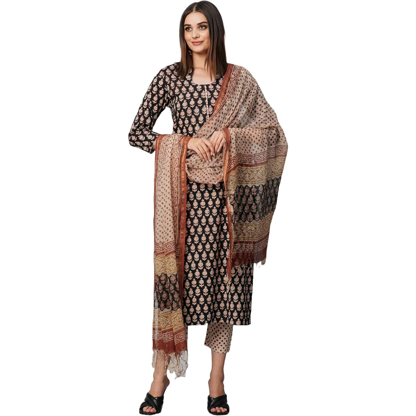 ANNI DESIGNER Women's Cotton Blend Straight Printed Kurta with Pant & Dupatta (Nayantara Black-NSW_S_Black_Small)