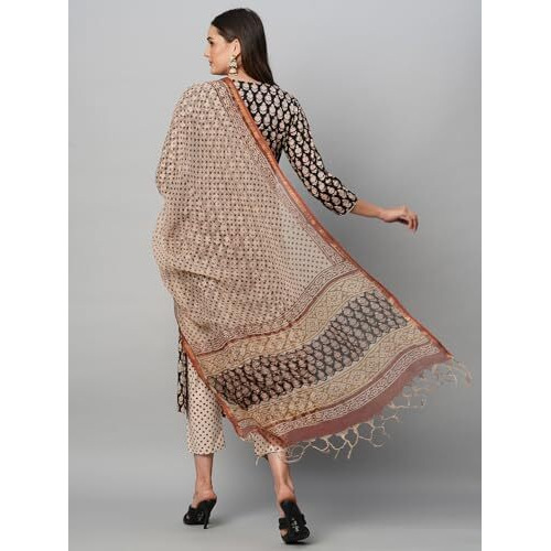 ANNI DESIGNER Women's Cotton Blend Straight Printed Kurta with Pant & Dupatta (Nayantara Black-NSW_S_Black_Small)