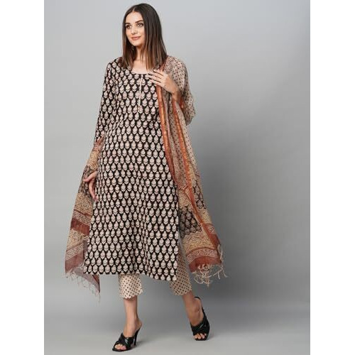 ANNI DESIGNER Women's Cotton Blend Straight Printed Kurta with Pant & Dupatta (Nayantara Black-NSW_S_Black_Small)