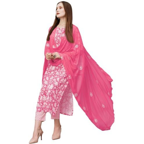 ANNI DESIGNER Women's Cotton Blend Straight Printed Kurta with Pant & Dupatta (MEI Pink-NW_S_Pink_Small)