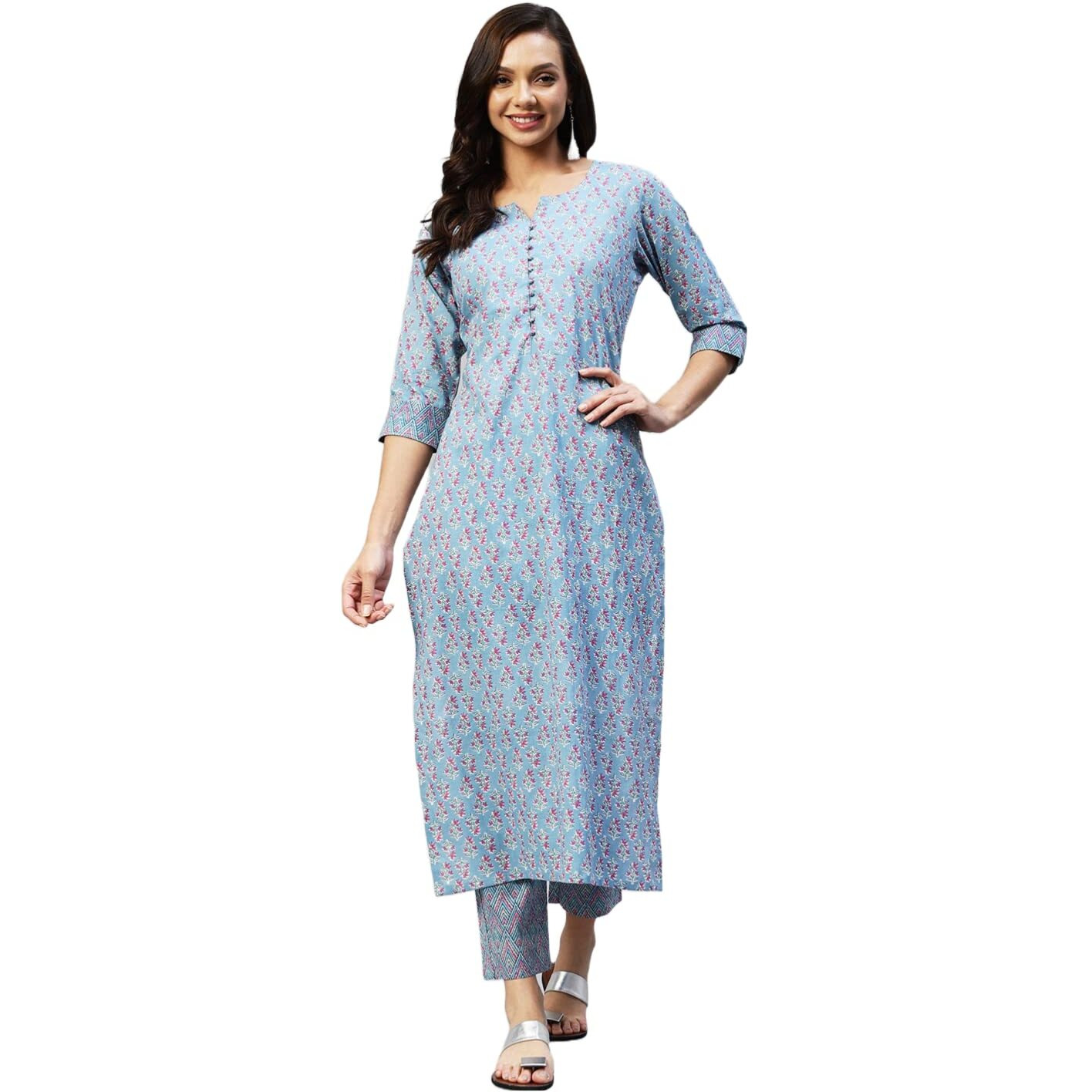 ANNI DESIGNER Women's Cotton Blend Straight Printed Kurta with Palazzo (Jooni Blue_3XL_ Blue_XXX-Large)