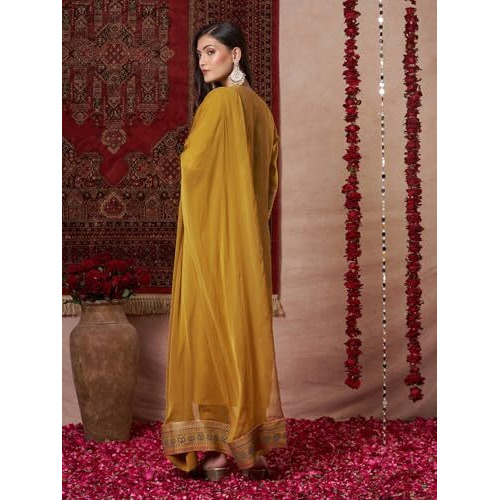 ANNI DESIGNER Women's Rayon Blend Printed Straight Kurta with Pant & Dupatta (Toxic Mustard_M_Mustard_Medium)