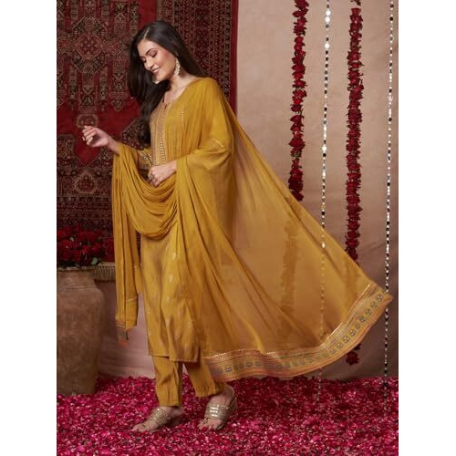ANNI DESIGNER Women's Rayon Blend Printed Straight Kurta with Pant & Dupatta (Toxic Mustard_M_Mustard_Medium)