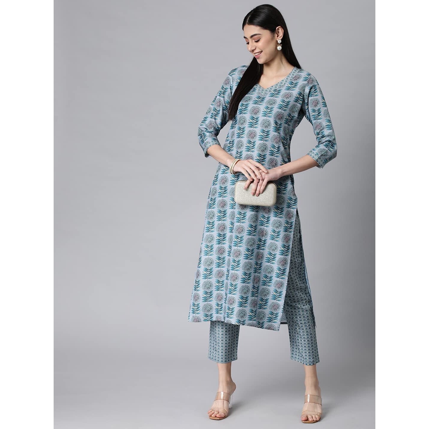 ANNI DESIGNER Women's Cotton Blend Printed Straight Kurta with Pant (Jinki-Grey_L_Dark Blue_Large)