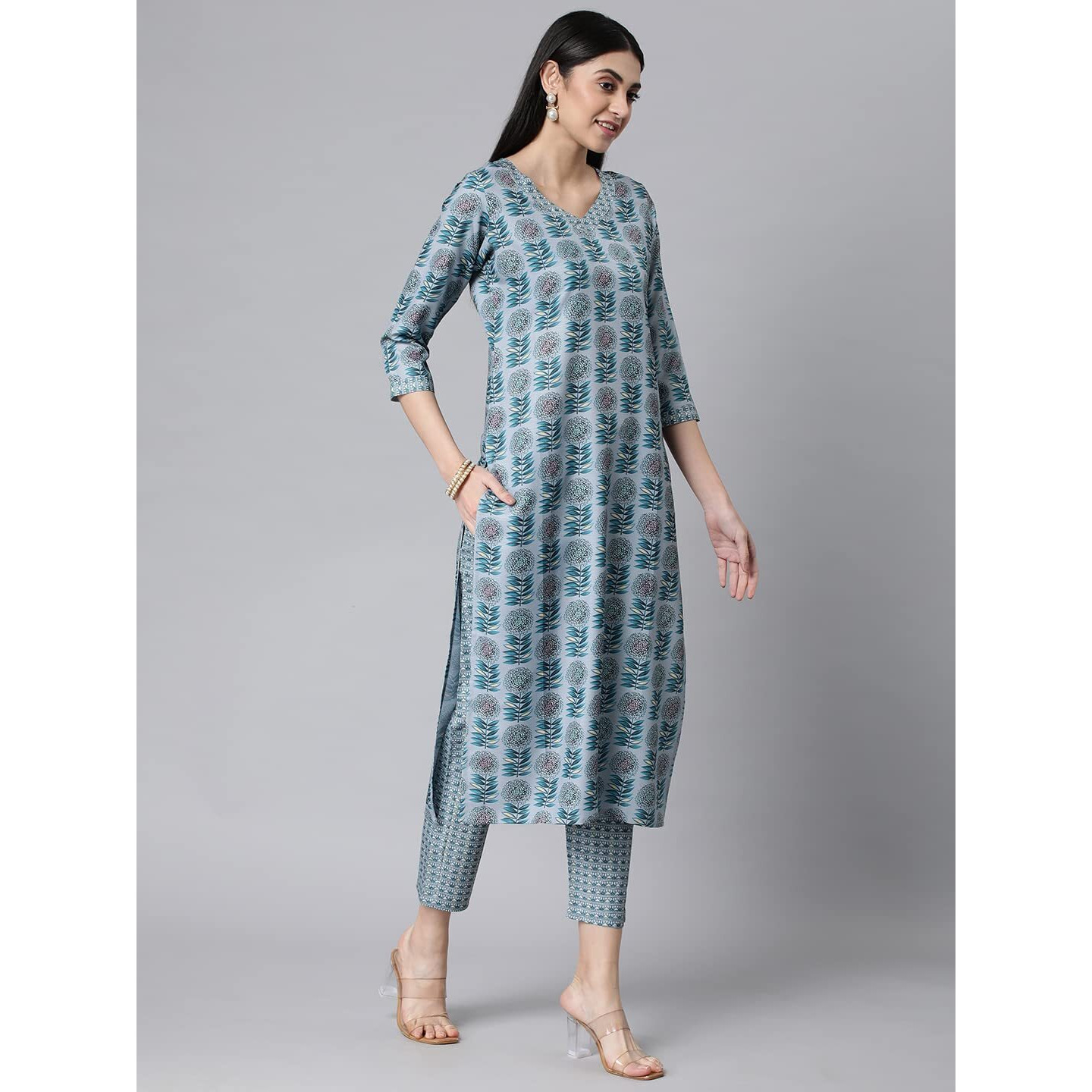 ANNI DESIGNER Women's Cotton Blend Printed Straight Kurta with Pant (Jinki-Grey_L_Dark Blue_Large)