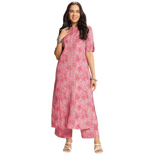 ANNI DESIGNER Women's Rayon Viscose Straight Printed Kurta with Pant (Kasit Pink-VKS01_L_Pink_Large)