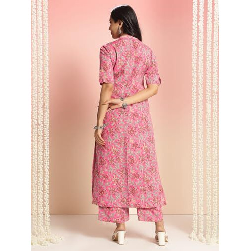 ANNI DESIGNER Women's Rayon Viscose Straight Printed Kurta with Pant (Kasit Pink-VKS01_L_Pink_Large)