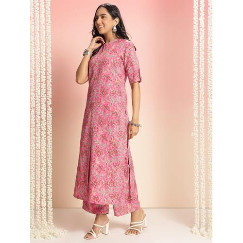 ANNI DESIGNER Women's Rayon Viscose Straight Printed Kurta with Pant (Kasit Pink-VKS01_L_Pink_Large)