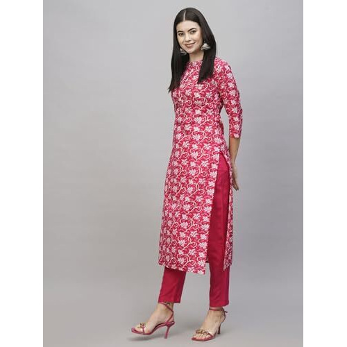 ANNI DESIGNER Women's Cotton Blend Straight Printed Kurta with Pant (Vaagdevi Pink-NW_S_Pink_Small)