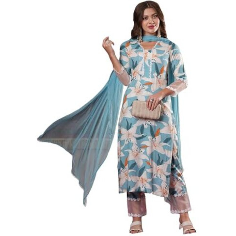 ANNI DESIGNER Women's Cotton Blend Straight Printed Kurta with Pant & Dupatta (PANKHURI Sky_XL_Sky Blue_X-Large)
