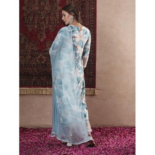 ANNI DESIGNER Women's Cotton Blend Straight Printed Kurta with Pant & Dupatta (PANKHURI Sky_XL_Sky Blue_X-Large)