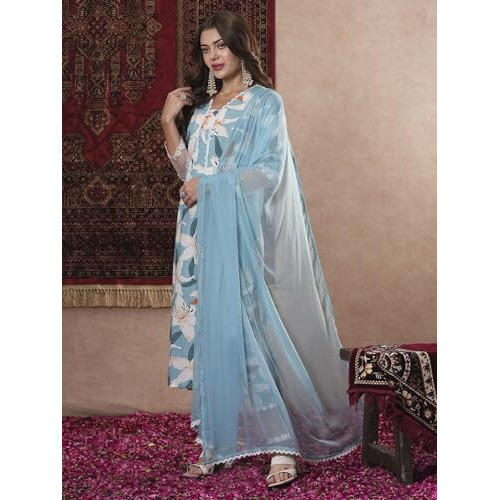 ANNI DESIGNER Women's Cotton Blend Straight Printed Kurta with Pant & Dupatta (PANKHURI Sky_XL_Sky Blue_X-Large)