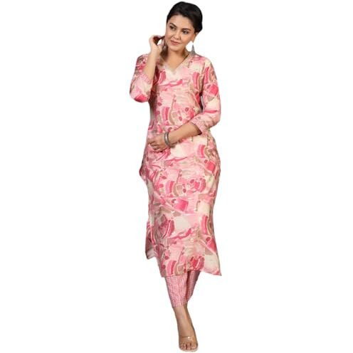 ANNI DESIGNER Women's Rayon Blend Straight Printed Kurta with Pant (Nissu Pink-NW_L_Pink_Large)