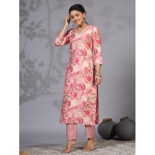 ANNI DESIGNER Women's Rayon Blend Straight Printed Kurta with Pant (Nissu Pink-NW_L_Pink_Large)
