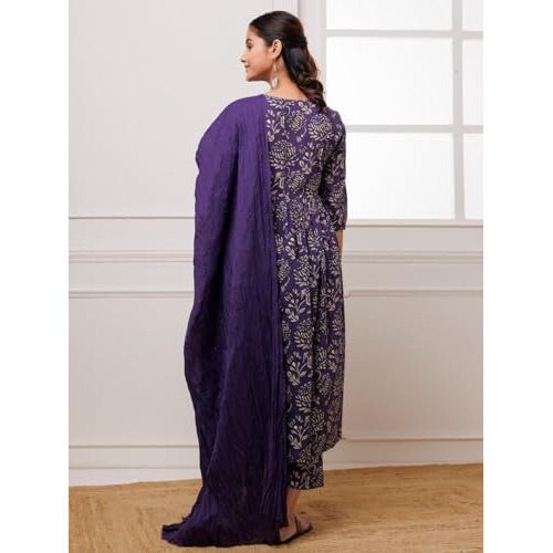 ANNI DESIGNER Women's Cotton Blend Anarkali Printed Kurta with Pant & Dupatta (DABU Violet_XXL_Violet_XX-Large)