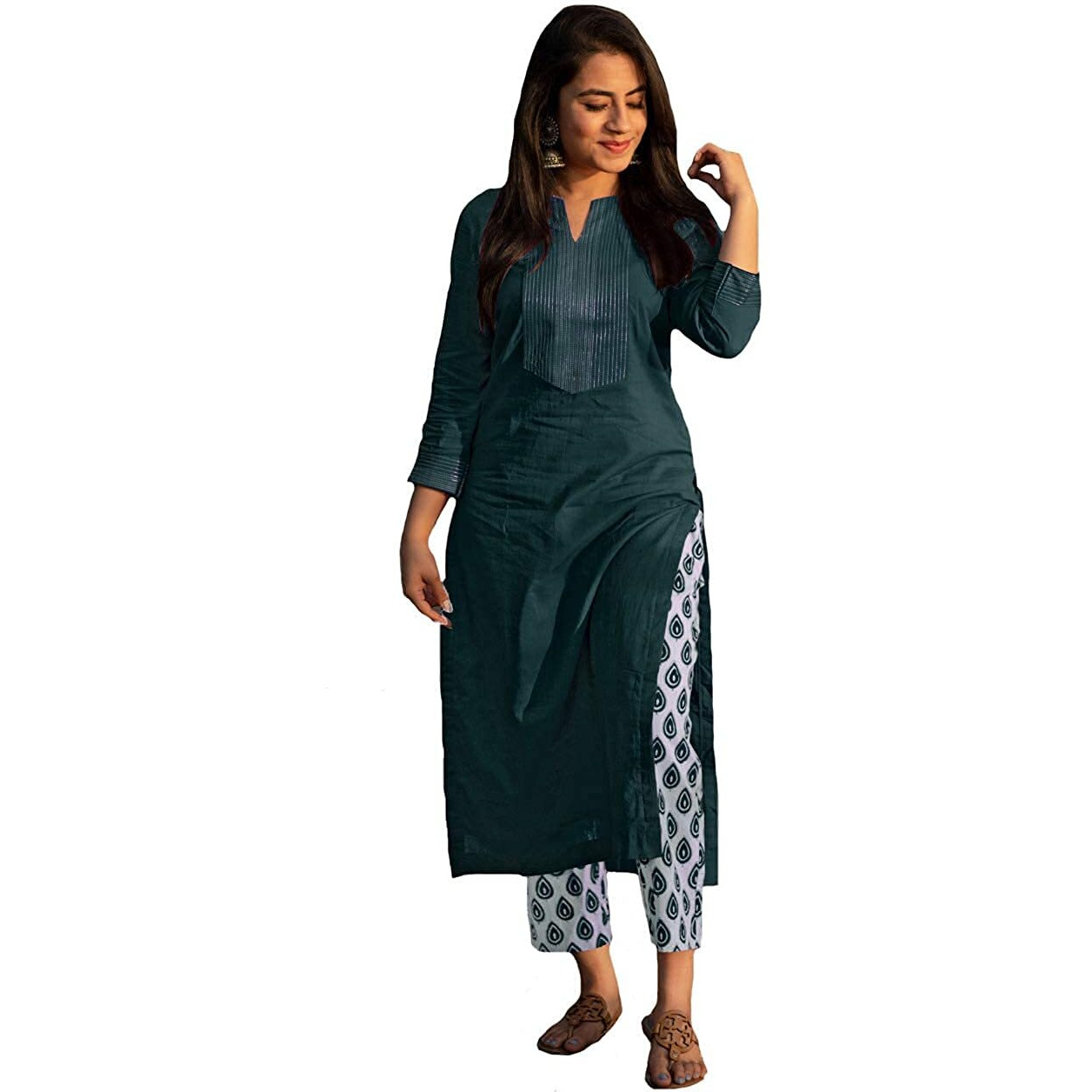 ANNI DESIGNER Women's Cotton Straight Kurta with Palazzo (ATS Green New_S_Green_Small)