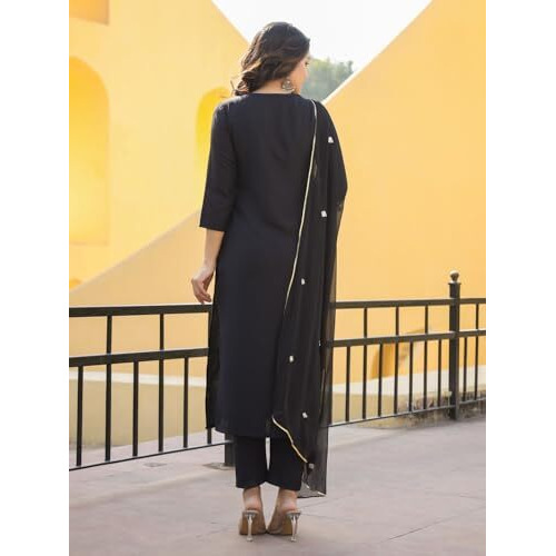 ANNI DESIGNER Women's Rayon Blend Embroidered Straight Kurta with Pant & Dupatta (Kasturi Black_L_Black_Large)