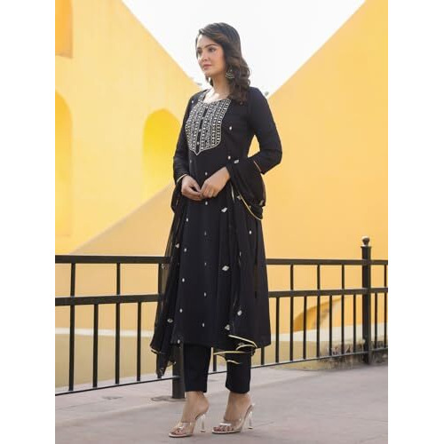 ANNI DESIGNER Women's Rayon Blend Embroidered Straight Kurta with Pant & Dupatta (Kasturi Black_L_Black_Large)