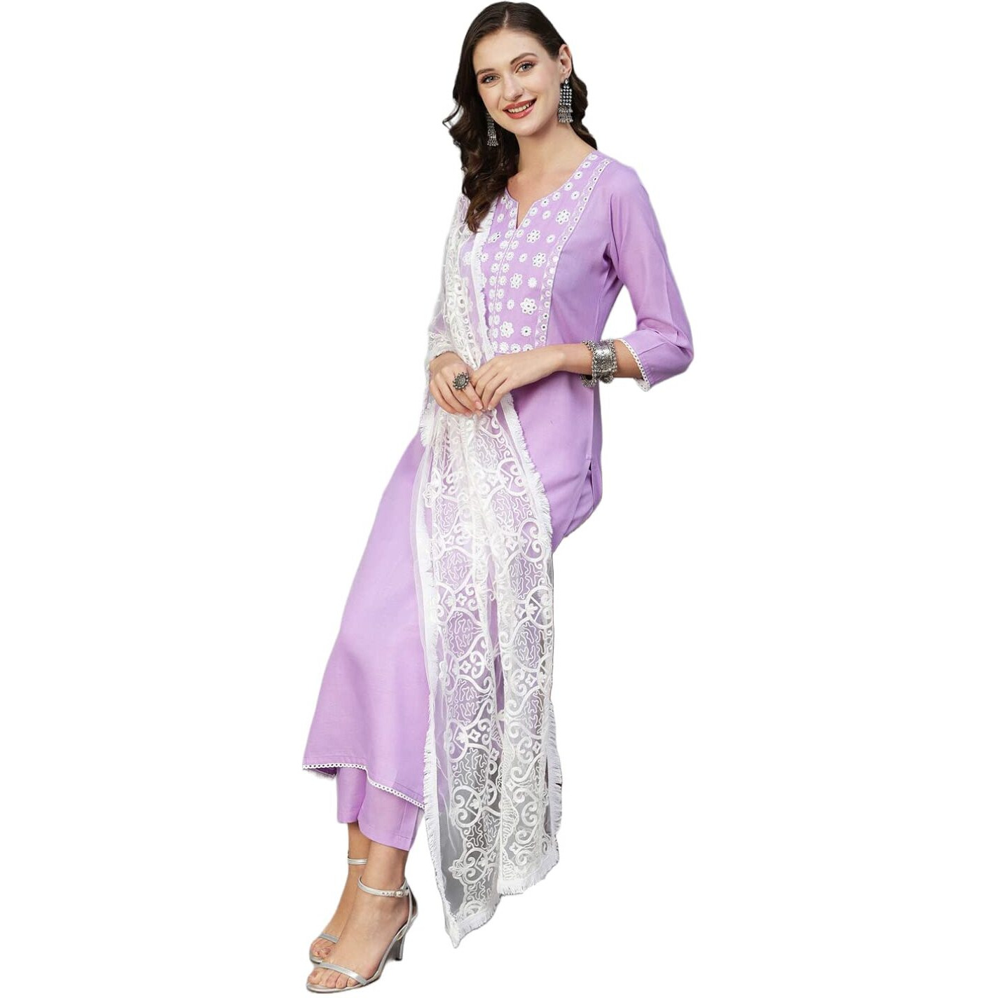 ANNI DESIGNER Women's Cotton Blend Straight Solid Kurta with Pant & Dupatta (EDDA-Purple_XXL_Purple_XX-Large)