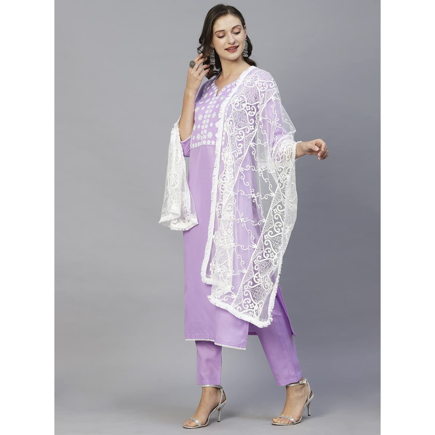 ANNI DESIGNER Women's Cotton Blend Straight Solid Kurta with Pant & Dupatta (EDDA-Purple_XXL_Purple_XX-Large)