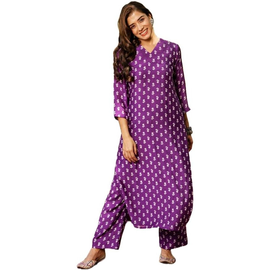 ANNI DESIGNER Women's Cotton Blend Straight Printed Kurta with Palazzo (Tenzin Purple_M_Purple_Medium)