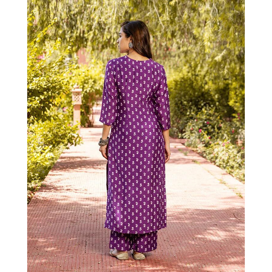 ANNI DESIGNER Women's Cotton Blend Straight Printed Kurta with Palazzo (Tenzin Purple_M_Purple_Medium)