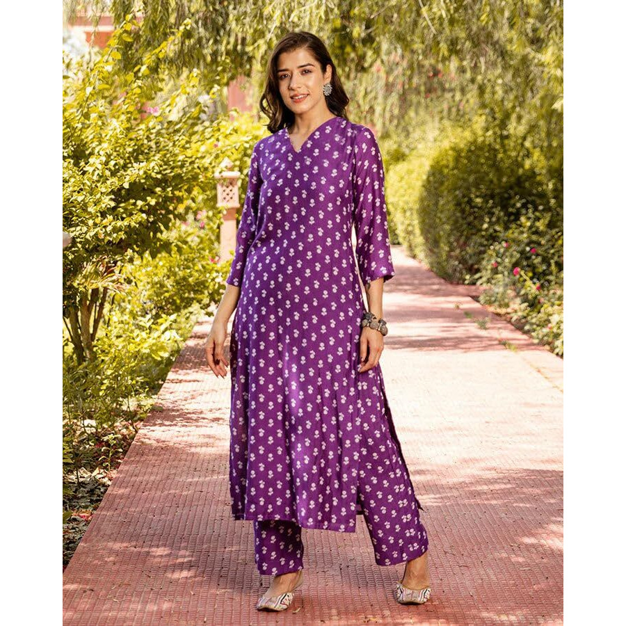 ANNI DESIGNER Women's Cotton Blend Straight Printed Kurta with Palazzo (Tenzin Purple_M_Purple_Medium)