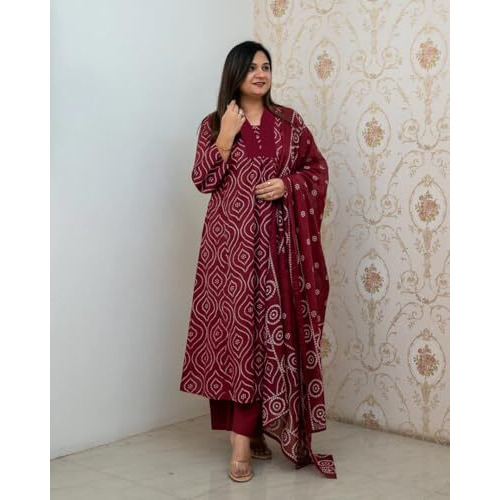 ANNI DESIGNER Women's Rayon Viscose Anarkali Printed Kurta with Pant & Dupatta (VANGALA Maroon_L_Maroon_Large)