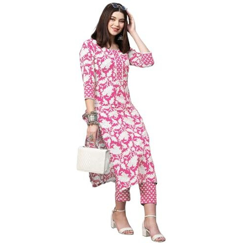 ANNI DESIGNER Women's Cotton Blend Printed Straight Kurta with Pant (Pustak Baby Pink-NW_S_Black_Small)