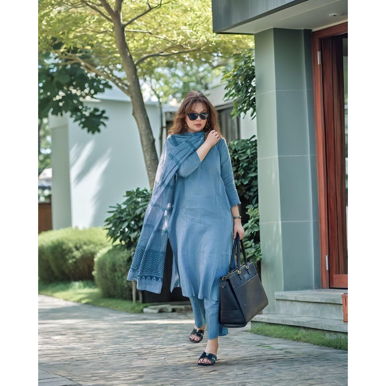 ANNI DESIGNER Women's Rayon Blend Solid Straight Kurta with Pant & Dupatta (Raja Saab Light Blue-VKS12_XL_Light Blue_X-Large)