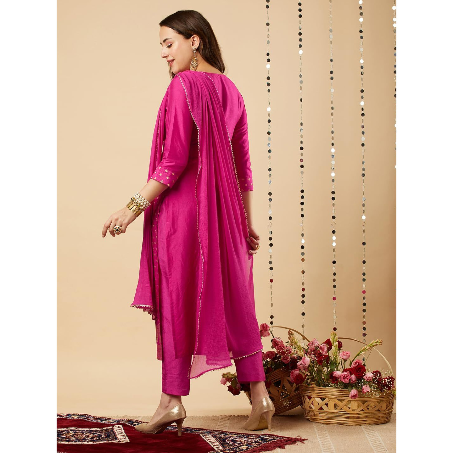 ANNI DESIGNER Women's Cotton Blend Printed Straight Kurta with Pant & Dupatta (Zaklina Rani_M_Pink_Medium)