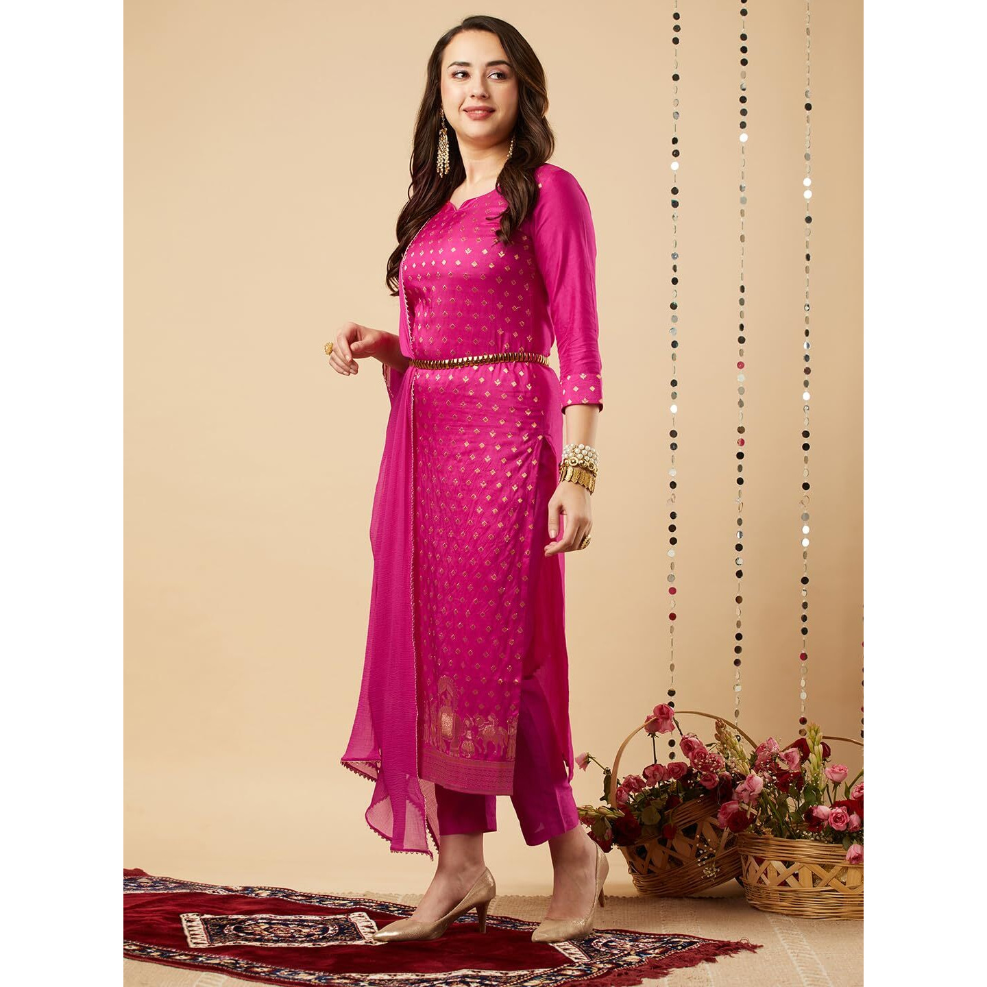 ANNI DESIGNER Women's Cotton Blend Printed Straight Kurta with Pant & Dupatta (Zaklina Rani_M_Pink_Medium)