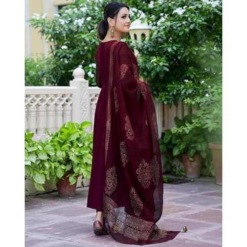 ANNI DESIGNER Women's Rayon Blend Solid Anarkali Kurta with Pant & Dupatta (Magic-Wine-NW_M_Wine_Medium)