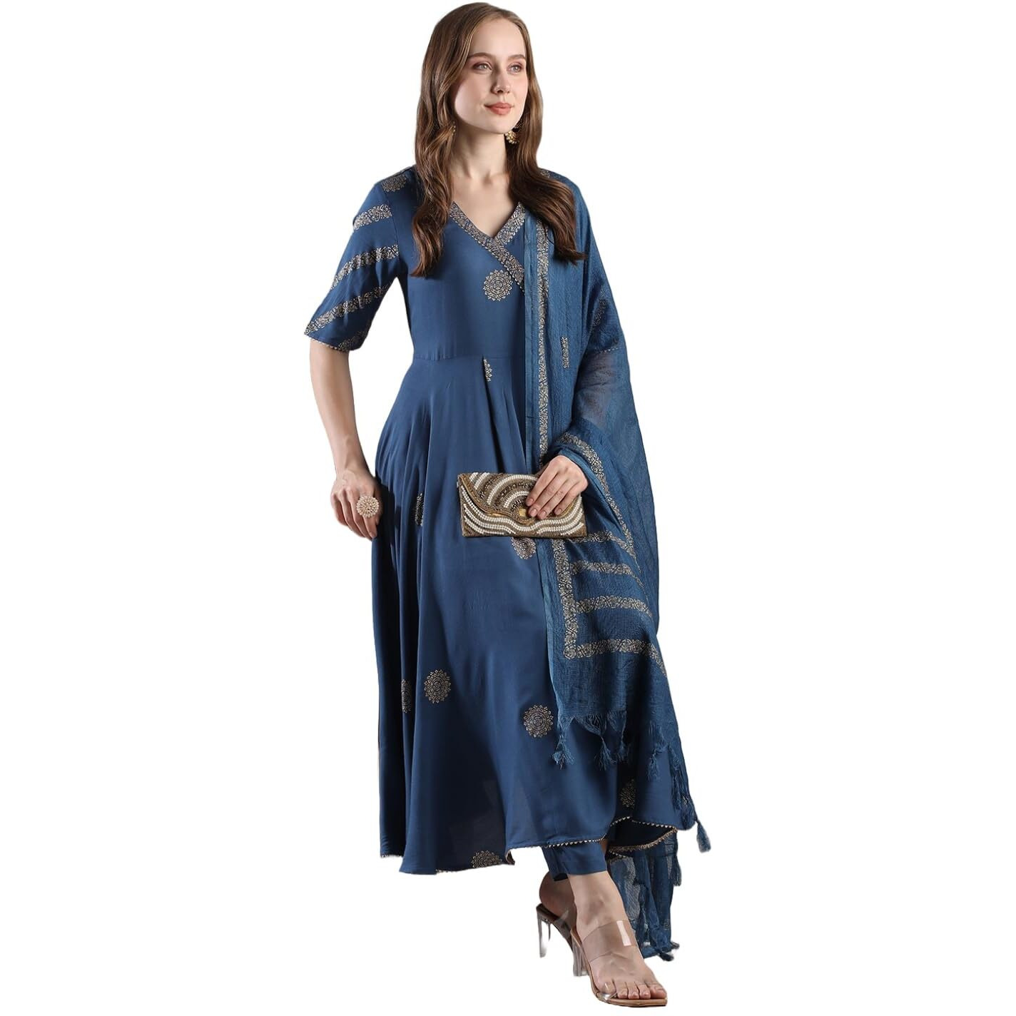 ANNI DESIGNER Women's Rayon Blend Anarkali Printed Kurta with Pant & Dupatta (Berlin KEROSIN-VKS05_S_Dark Blue_Small)