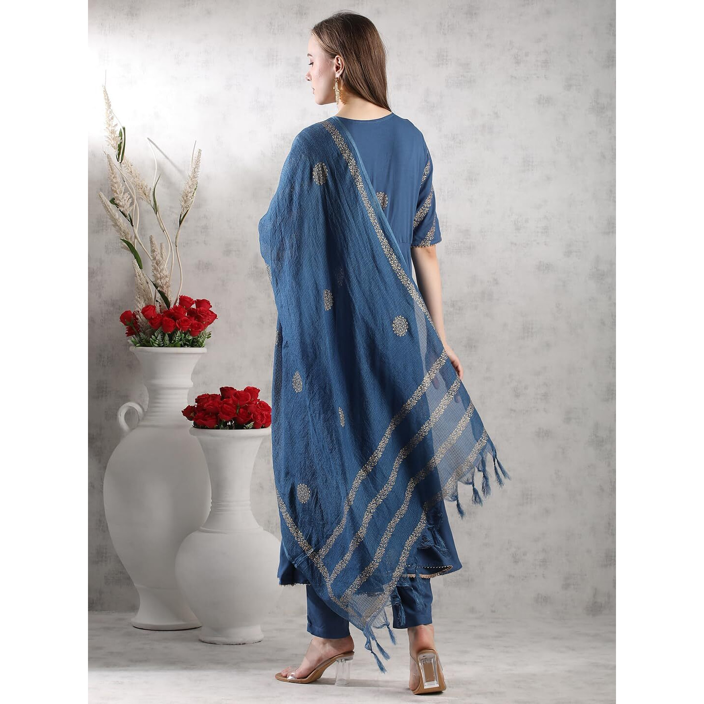 ANNI DESIGNER Women's Rayon Blend Anarkali Printed Kurta with Pant & Dupatta (Berlin KEROSIN-VKS05_S_Dark Blue_Small)