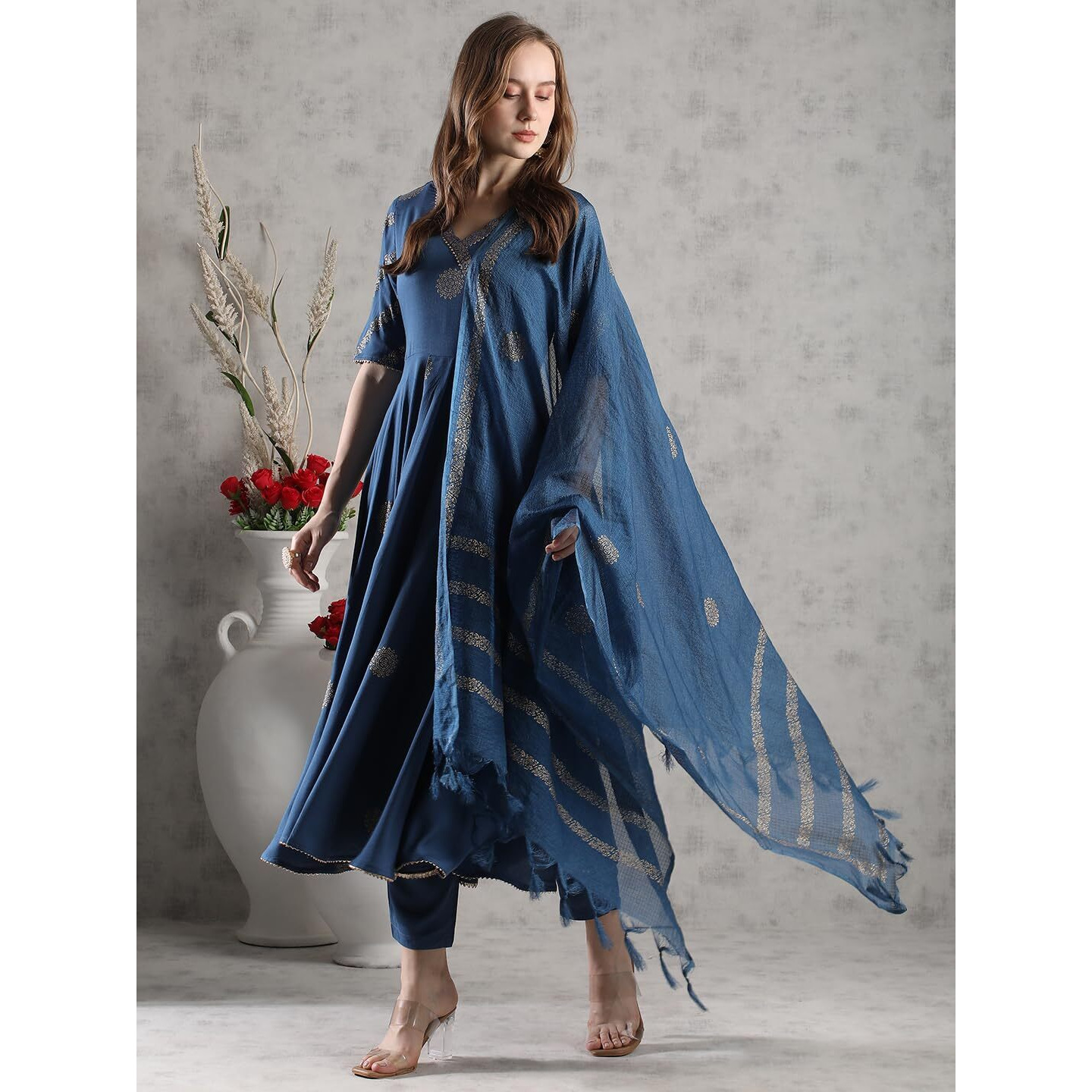 ANNI DESIGNER Women's Rayon Blend Anarkali Printed Kurta with Pant & Dupatta (Berlin KEROSIN-VKS05_S_Dark Blue_Small)