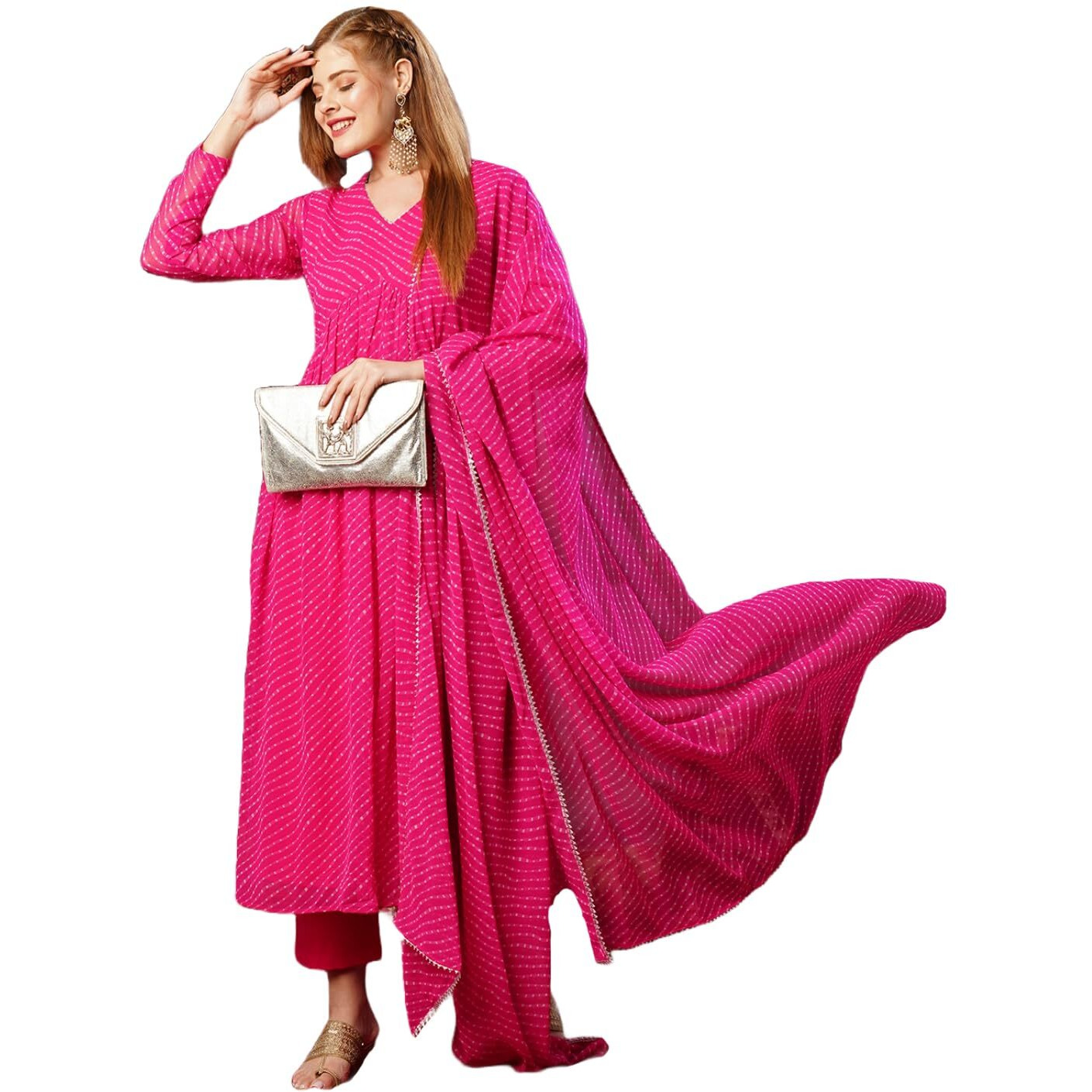 ANNI DESIGNER Women's Georgette Lehariya Printed Anarkali Kurta with Pant & Dupatta (MOTHDA-Pink-JL_M_Pink_Medium)
