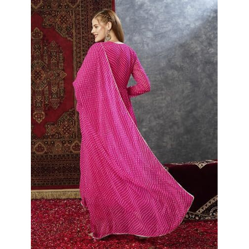 ANNI DESIGNER Women's Georgette Lehariya Printed Anarkali Kurta with Pant & Dupatta (MOTHDA-Pink-JL_M_Pink_Medium)