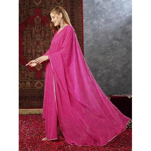 ANNI DESIGNER Women's Georgette Lehariya Printed Anarkali Kurta with Pant & Dupatta (MOTHDA-Pink-JL_M_Pink_Medium)