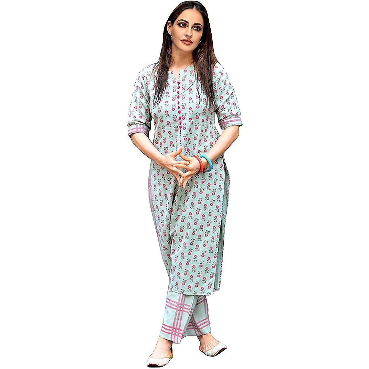 ANNI DESIGNER Women's Cotton Straight Kurta with Palazzo (KUR115_XXL_White_XX-Large)